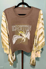 Band Print Patchwork Sleeve Cropped Top
