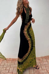 Summer Adventures Tie-dye Print Back Lace-up Stretch Maxi Dress(With built-in bra)