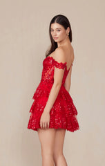 BRENNA MINI DRESS - RED - OFF SHOULDER TIERED SHORT DRESS
