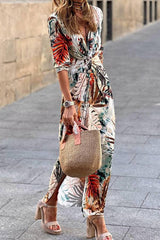 Tropical Print Twist Waist Slit Vacation Maxi Dress