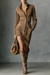 Suede Single Breasted Lapel Long Sleeve Midi Dress
