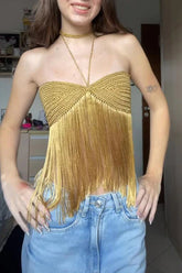 Boho Style Handmake Knit Patchwork Tassel Hem Thin Straps Loose Tank