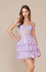 BRENNA MINI DRESS - LILAC - OFF SHOULDER TIERED SHORT DRESS