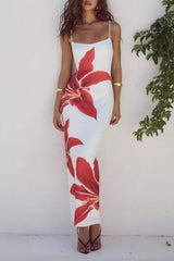Spaghetti Strap Floral Print Bodycon Slit Maxi Dress