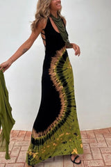 Summer Adventures Tie-dye Print Back Lace-up Stretch Maxi Dress(With built-in bra)