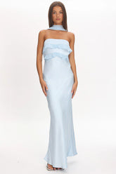 Damsel Reverse Halter Frill Trim Maxi Dress Baby Blue