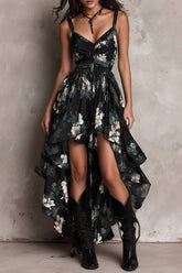 Black Bohemian Floral Print Irregular Strapless Maxi Dress