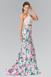 Halter-Neck Two-Piece Floral Print Long Prom Dress