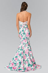 Halter-Neck Two-Piece Floral Print Long Prom Dress