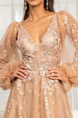 Long Sleeve Formal Glitter Evening Prom Dress
