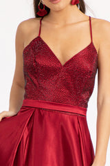 Long Spaghetti Strap Satin Prom Formal Gown