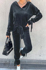 The Fashion Week Velvet Tie Front Hoodies &Joggers Set
