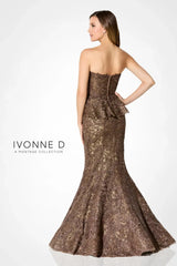 Ivonne D ID921 Metallic Long Mermaid Lace Formal Peplum Dress