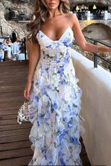Spaghetti Strap Floral Print Tiered Slit Maxi Dress