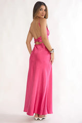 Paula Maxi Dress - Fuchsia Pink Satin Slip Dress