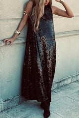 Twas The Night Sequin Round Neck Sleeveless Drape Loose Maxi Dress
