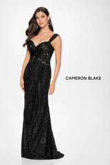 Cameron Blake CB210 Long Mermaid Pleated Formal Lace Evening Dress