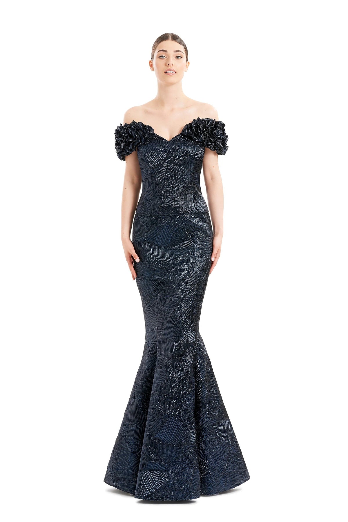 Alexander By Daymor 1650F22 Long Metallic Formal Ruffle Evening Dress