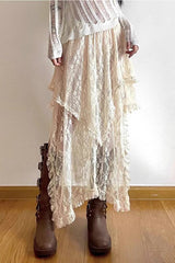 Off-White Lace Irregular Ruffle Tiered Maxi Skirt