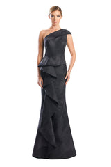 Alexander by Daymor 1782S23 Long Printed Formal Metallic Peplum Evening Dress
