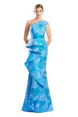 Alexander by Daymor 1782S23 Long Printed Formal Metallic Peplum Evening Dress