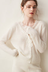Cashmere Lace-Trimmed V-Neck Knit Cardigan