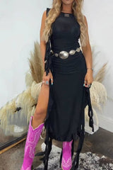 Multi-Color Western Style Sleeveless Ruched Ruffle High Slit Maxi Dress