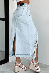 High-Waisted Distressed Frayed Slit Denim Midi Skirt