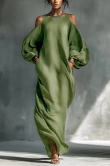 Green Off-shoulder Oversized Puff Sleeve Maxi Dress
