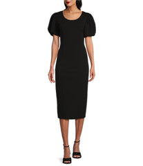 Marina 269141 Short Puffed Sleeve Fitted Cocktail Midi Dress