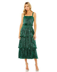 A Line Pleated Metallic Tea Length Cocktail Dress Pleated Metallic Tea Length Mac Duggal 27062