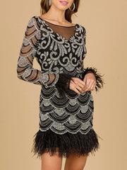 Lara Dresses 29066 Beaded Short Cocktail Long Sleeve Dress