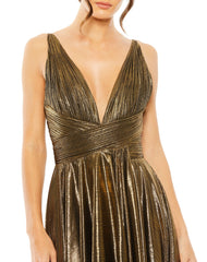 Pleated Metallic Formal Tea Length Prom Dress Metallic Pleated Tea Length Mac Duggal 30761