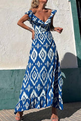 Off-the-Shoulder Ruffle Geometric Print Waist-Cinched Maxi Dress