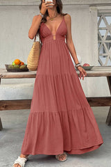 Dusty Rose V-Neck Spaghetti Strap Tiered Maxi Dress