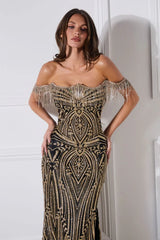 Astoria Gown - Off The Shoulder Crystal Fringe Dress
