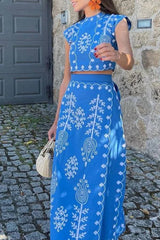 Elegant Women Ethnic Embroidered Two-Piece Skirt Set