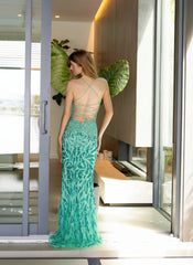 Primavera Couture 4147 Long Sequin Feather Formal Prom Dress