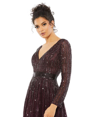 Long Sleeve Sequins A Line Evening Dress Sequined Detail Mac Duggal 4977