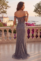 Fitted Off Shoulder Sequin Prom Formal Dress