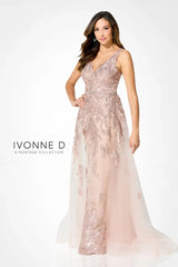 Ivonne D ID924 Long A Line Formal Beaded Applique Overskirt Dress