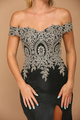 Long Off Shoulder Formal Metallic Prom Dress
