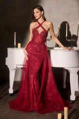 Chevonne Gown - Beaded Halter Dress With Overskirt
