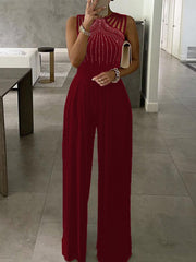 Studded Cutout Ruched Sleeveless High Waisted Wide Leg Long Pants Jumpsuits