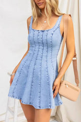 Square Neck Waist-Cinched A-Line Denim Slip Dress
