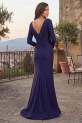 Fitted V-Neck Long Sleeve Floor-Length Sequin Prom Dress with High Slit
