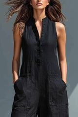 Black Minimalist Faux Linen Button-down Collar Sleeveless Loose-fitting Jumpsuit