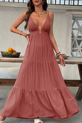 Dusty Rose V-Neck Spaghetti Strap Tiered Maxi Dress