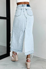 High-Waisted Distressed Frayed Slit Denim Midi Skirt