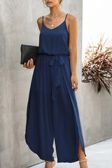 Fashion V-neck Suspender Wide-leg Slit Jumpsuit (With Belt)